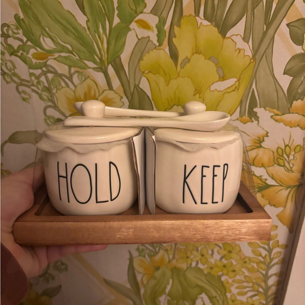 Rae Dunn Cream Ceramic Jars with Wooden Tray